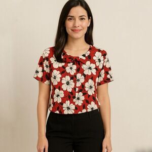 Karl Lagerfeld Short Sleeve Black Red White Floral Print Pleated Bow Front Top